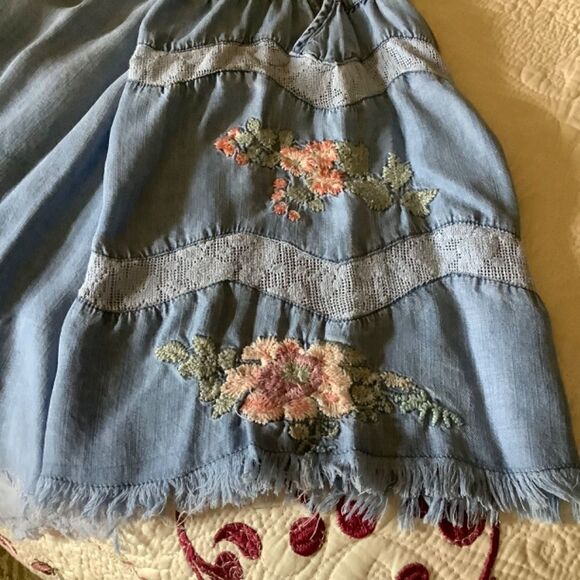 DENIM Blue HIGH-LOW EMBROIDERED LACED SLEEVES OFF-ON OPEN SHOULDER TOP - Picture 11 of 15